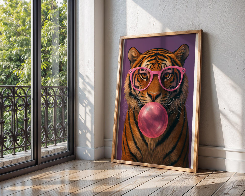 Colourful Prints | Bubblegum Tiger Print | Funky Animal Art with Pink Glasses wall art print, modern home decor, unframed artwork by Nomad & Nest