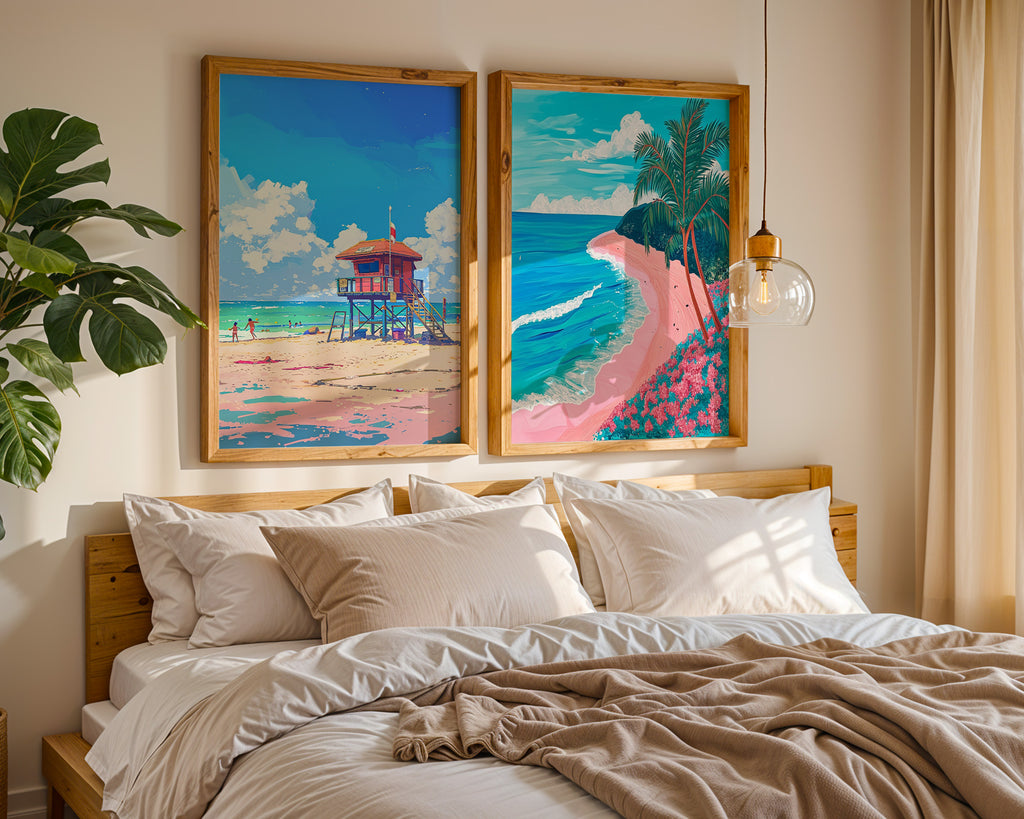 Colourful Prints | Beach Prints Set | Palm Tree & Lifeguard Tower Coastal Art (Set of 2) wall art print, modern home decor, unframed artwork by Nomad & Nest