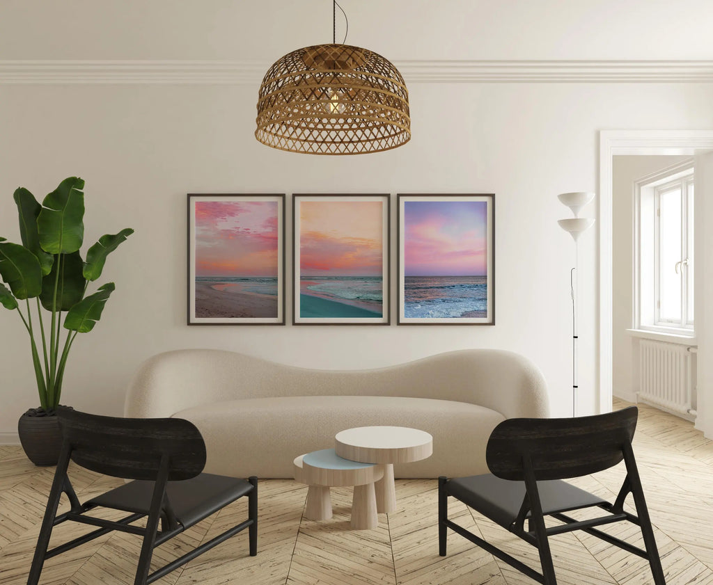 Colourful Prints | Pink Sunset Ocean Photography Print Set, Coastal Living Room Decor wall art print, modern home decor, unframed artwork by Nomad & Nest