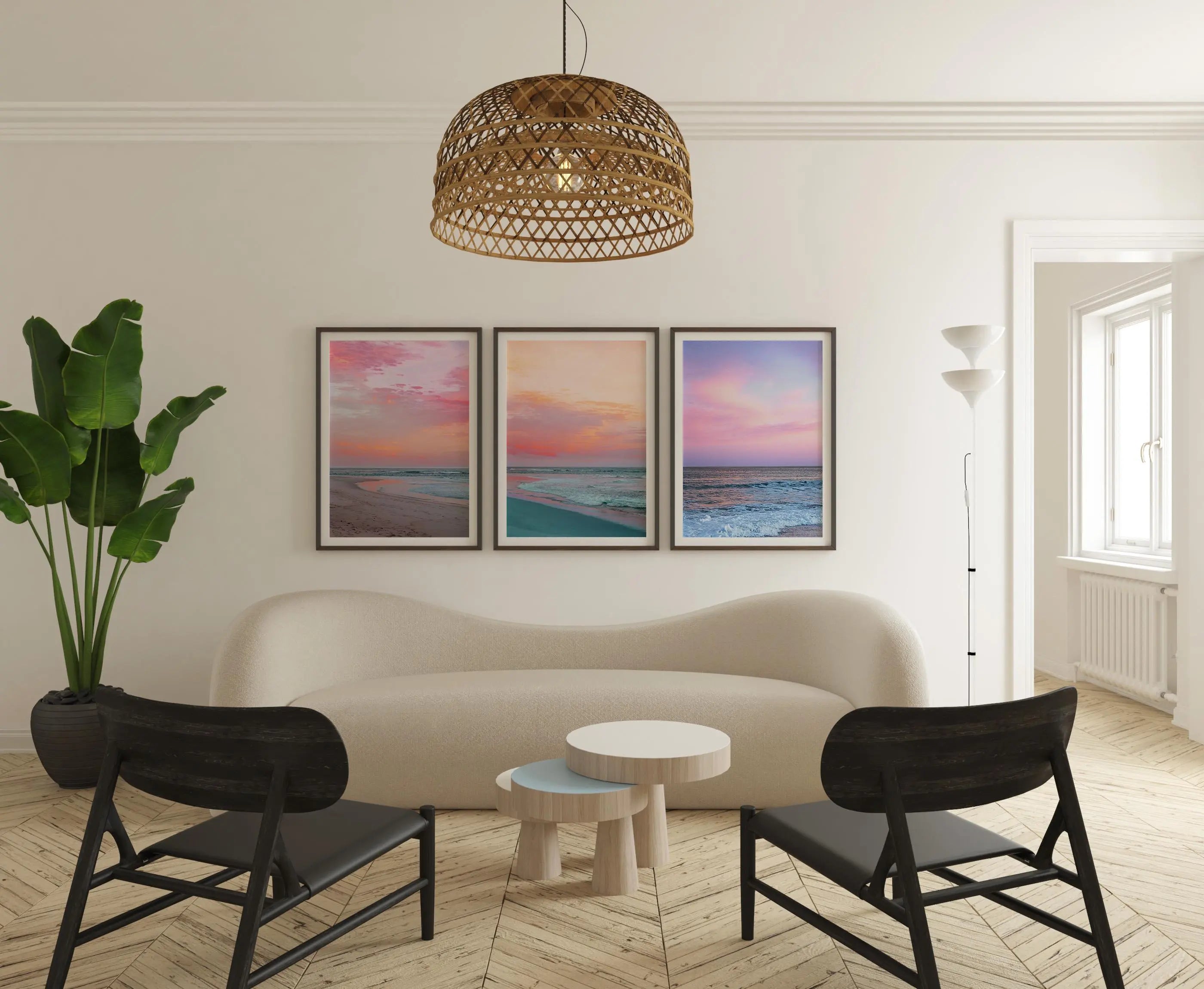 Colourful Prints | Pink Sunset Ocean Photography Print Set, Coastal Living Room Decor wall art print, modern home decor, unframed artwork by Nomad & Nest