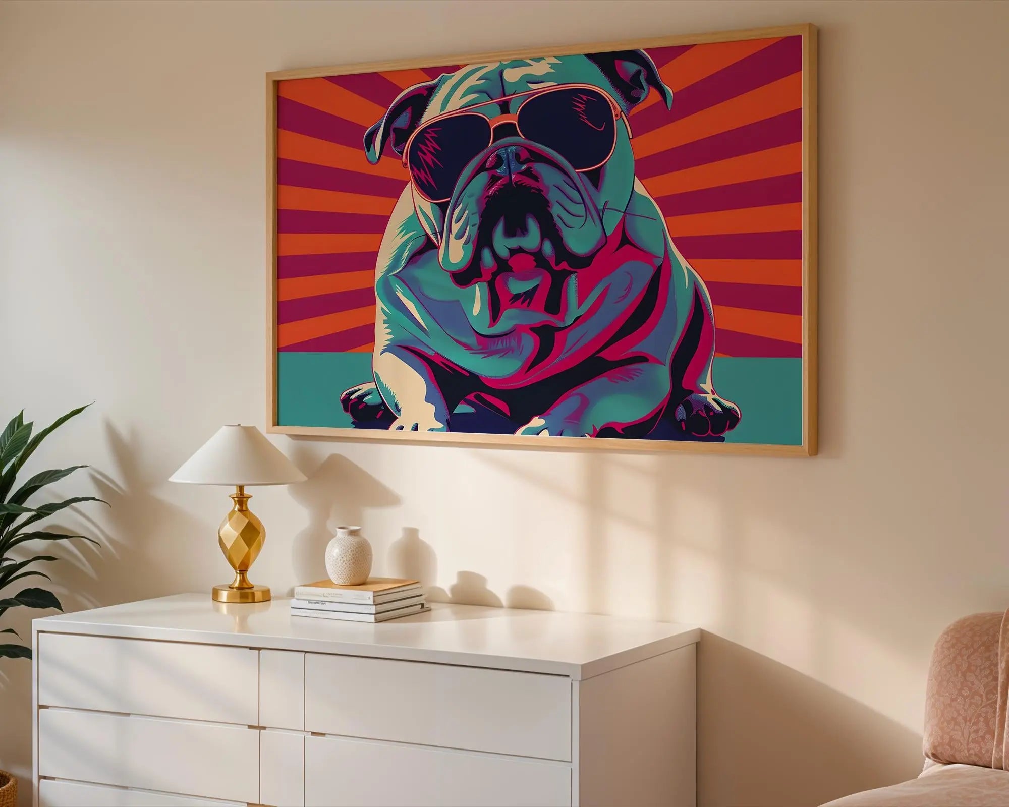 Modern Pop Art | Retro Bulldog  Print | Funky  Dog with Sunglasses wall art print, modern home decor, unframed artwork by Nomad & Nest