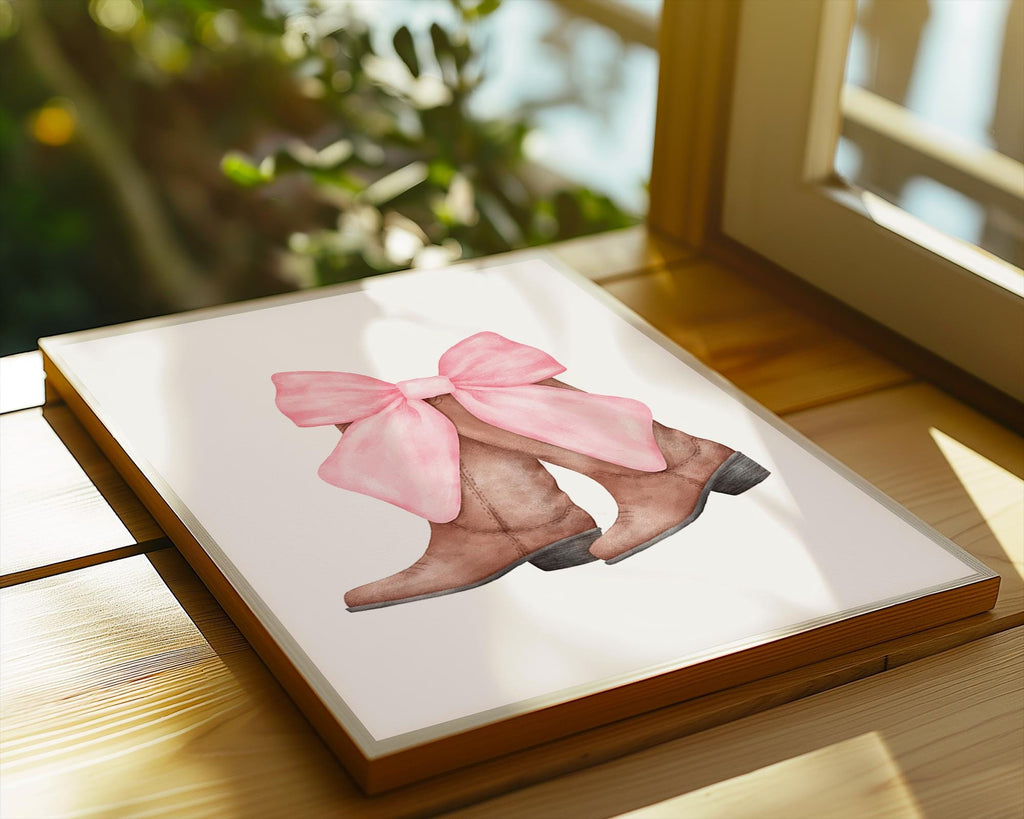 Watercolor Cowboy Boots Print | Pink Bow, Girly Western Decor wall art print, modern home decor, unframed artwork by Nomad & Nest