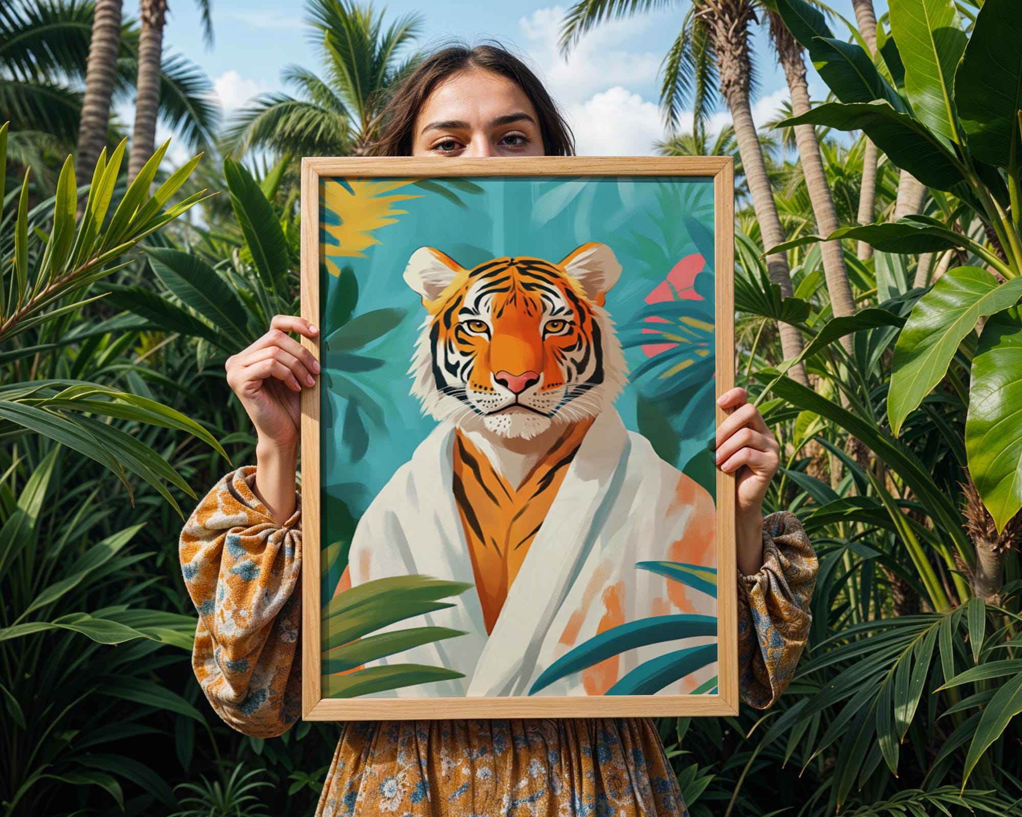 Tropical Tiger Print | Quirky Animal Robe Art wall art print, modern home decor, unframed artwork by Nomad & Nest