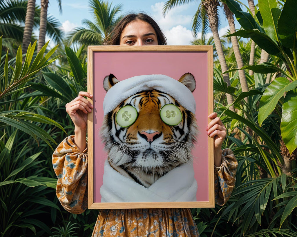 Colourful Prints | Tiger Spa Day Print | Funny Animal Wall Art wall art print, modern home decor, unframed artwork by Nomad & Nest