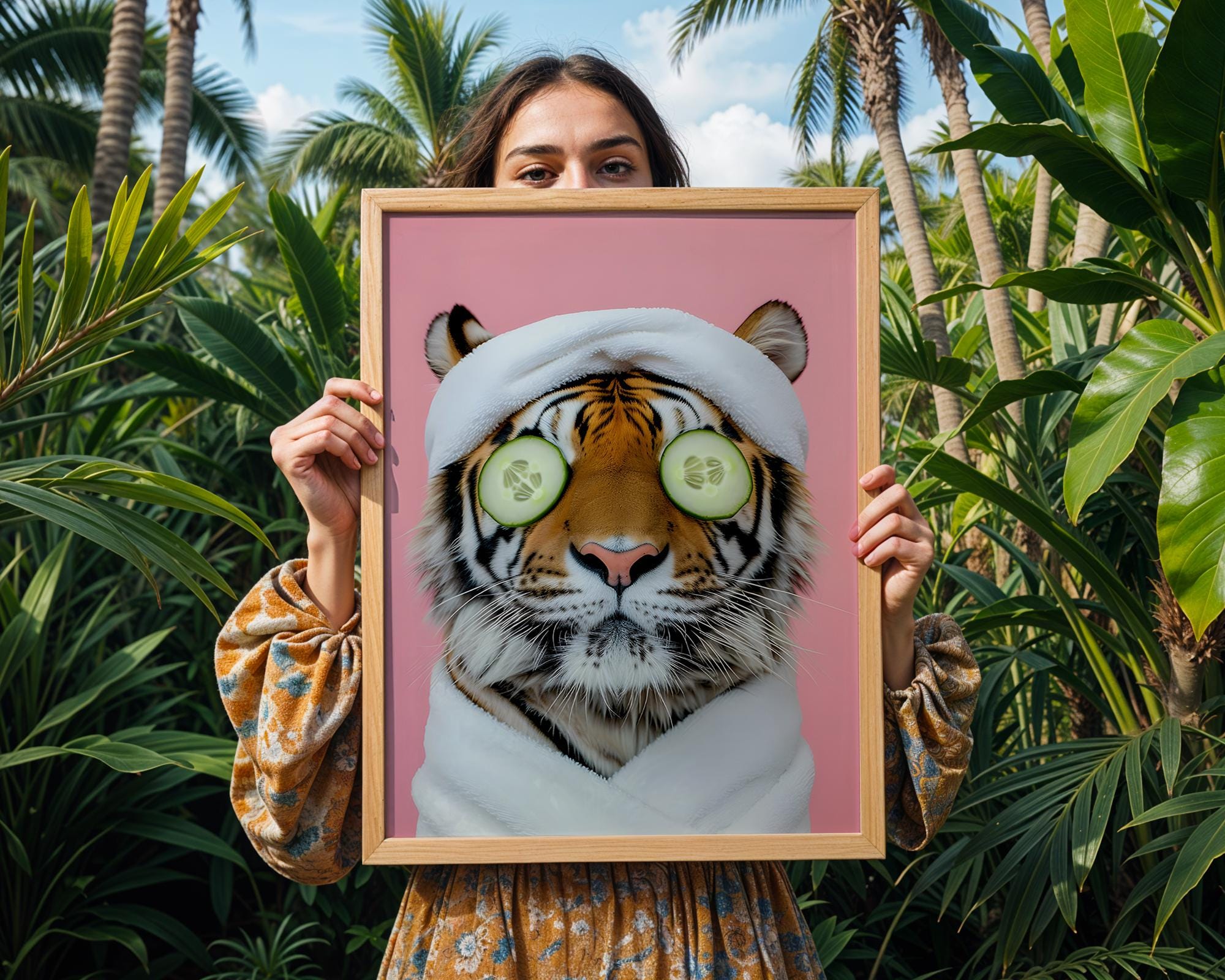 Colourful Prints | Tiger Spa Day Print | Funny Animal Wall Art wall art print, modern home decor, unframed artwork by Nomad & Nest