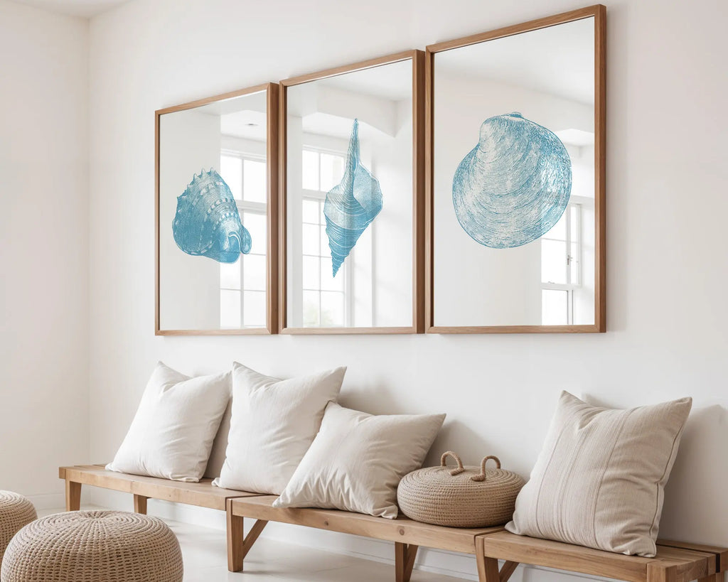 Colourful Prints | Blue Seashell Print Set | Vintage Coastal Wall Art (Set of 3) wall art print, modern home decor, unframed artwork by Nomad & Nest