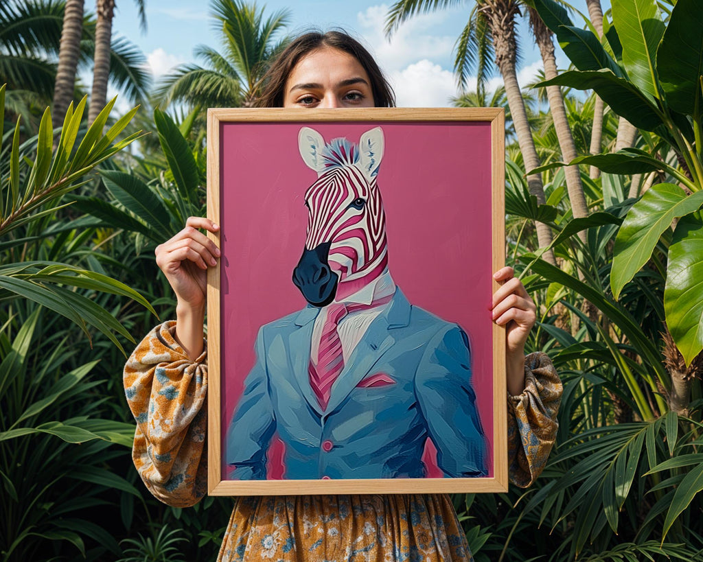 Colourful Prints | Zebra in Suit Art Print | Quirky Animal Portrait, Pink Jungle wall art print, modern home decor, unframed artwork by Nomad & Nest