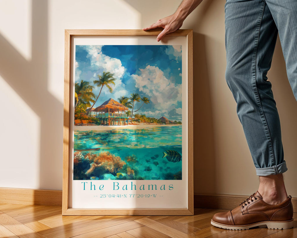 Bahamas Beach Print | Tropical Overwater Bungalow Poster wall art print, modern home decor, unframed artwork by Nomad & Nest
