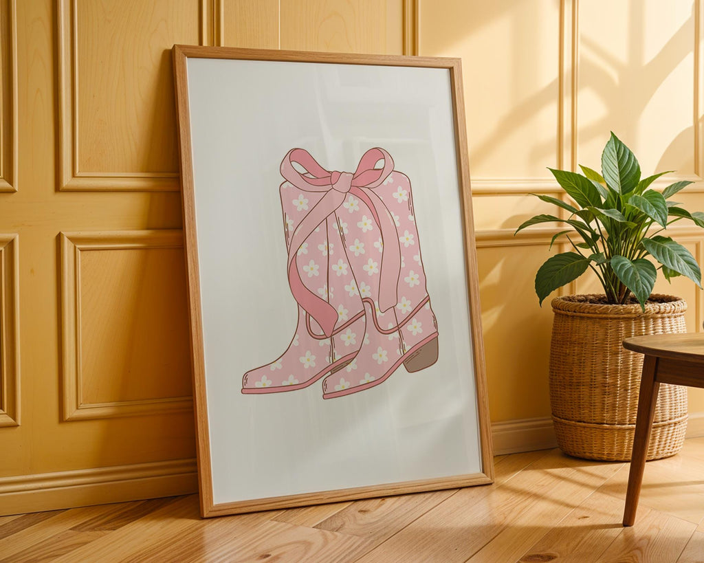 Pink Daisy Cowboy Boots Print | Girly Western Wall Art wall art print, modern home decor, unframed artwork by Nomad & Nest