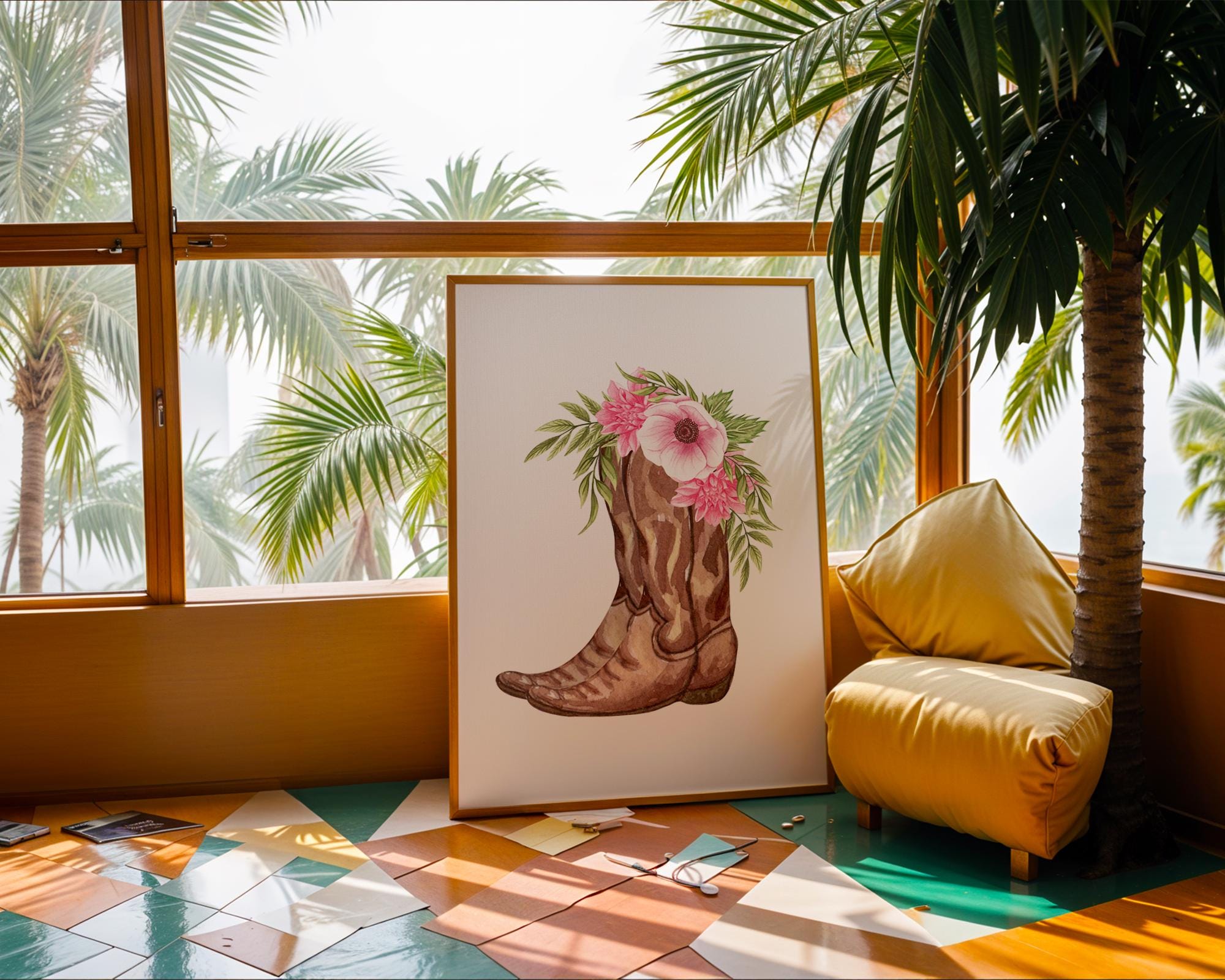 Floral Cowgirl Boot Print | Rustic Western Wall Art wall art print, modern home decor, unframed artwork by Nomad & Nest