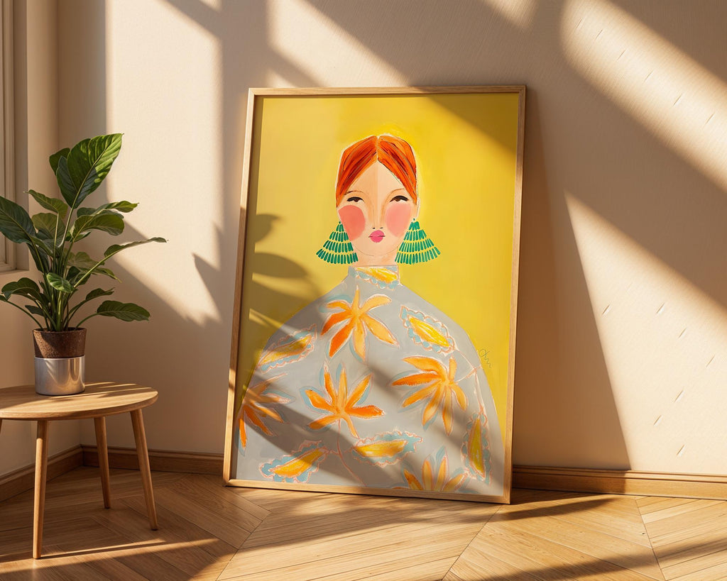Modern Woman Portrait Art Print | Green Earrings, Yellow Decor wall art print, modern home decor, unframed artwork by Nomad & Nest