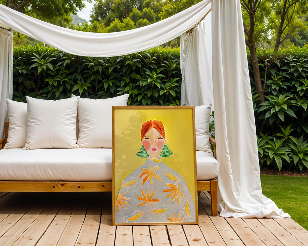 Modern Woman Portrait Art Print | Green Earrings, Yellow Decor wall art print, modern home decor, unframed artwork by Nomad & Nest