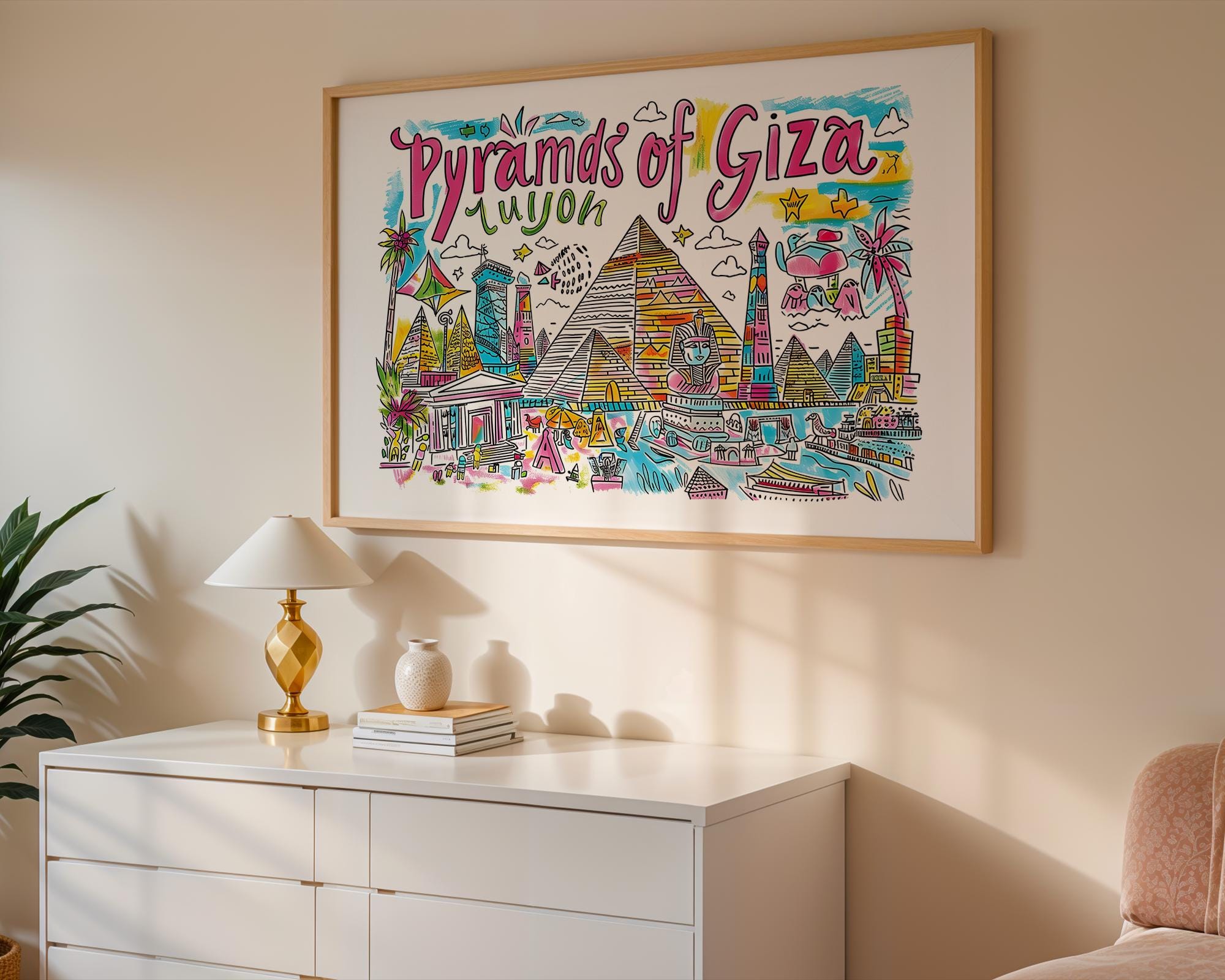 Pyramids of Giza Art Print | Colorful Egyptian Travel Poster wall art print, modern home decor, unframed artwork by Nomad & Nest