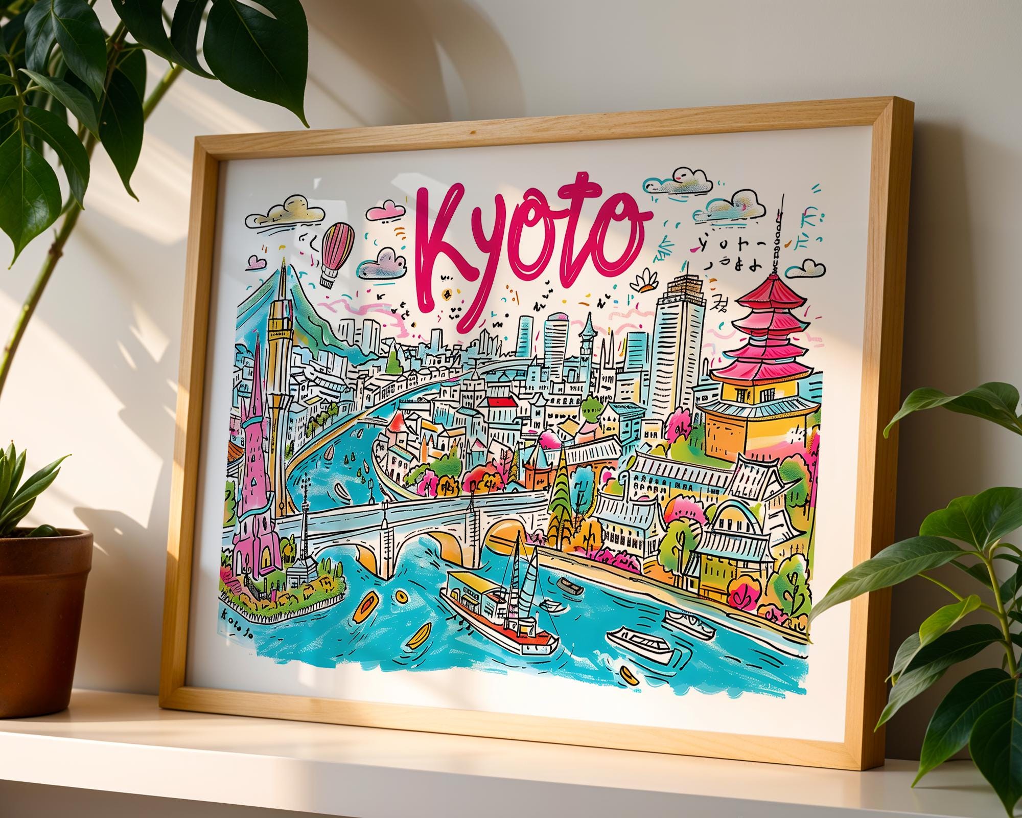 Kyoto Japan Cityscape Art Print | Colorful Travel Poster wall art print, modern home decor, unframed artwork by Nomad & Nest