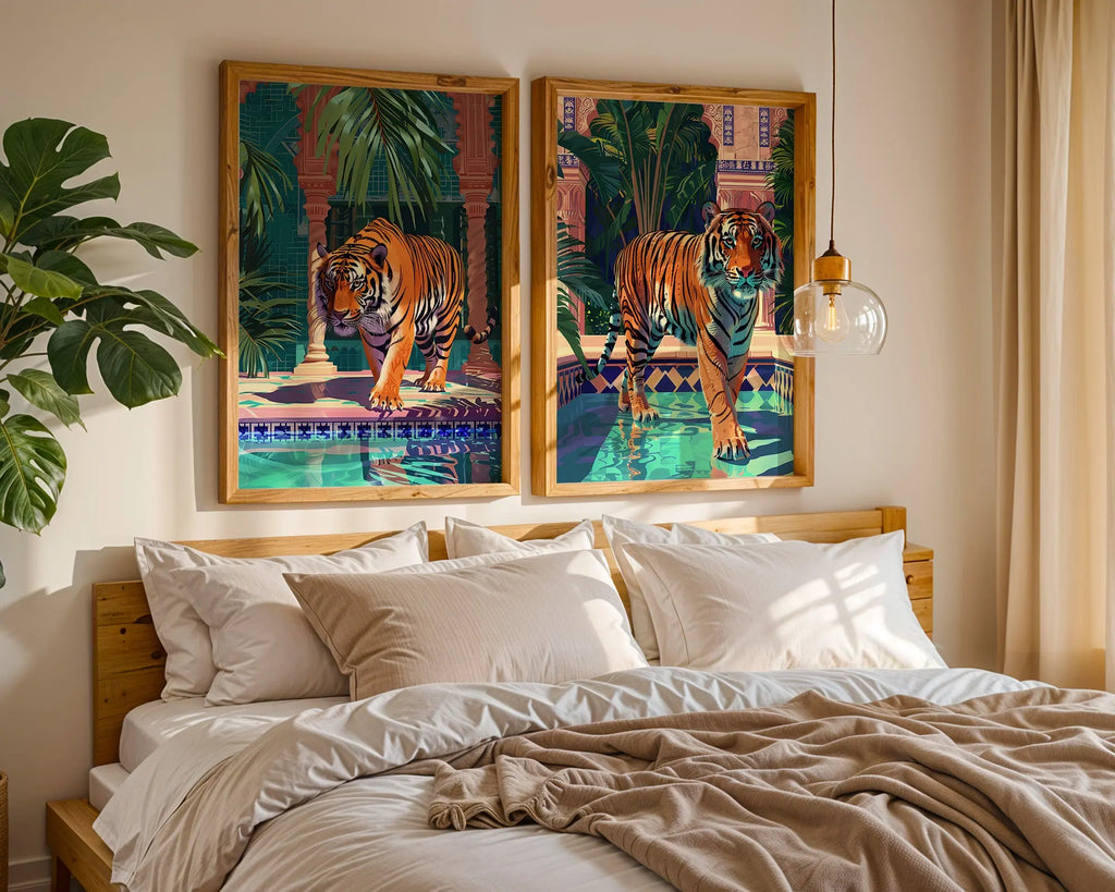 Colourful Prints | Jungle Tiger Art Prints Set | Tropical Summer Decor (Set of 2) wall art print, modern home decor, unframed artwork by Nomad & Nest