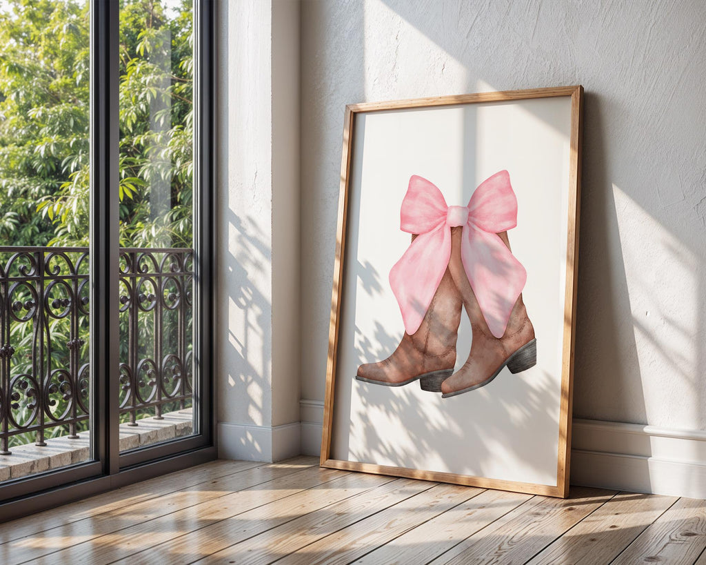Watercolor Cowboy Boots Print | Pink Bow, Girly Western Decor wall art print, modern home decor, unframed artwork by Nomad & Nest