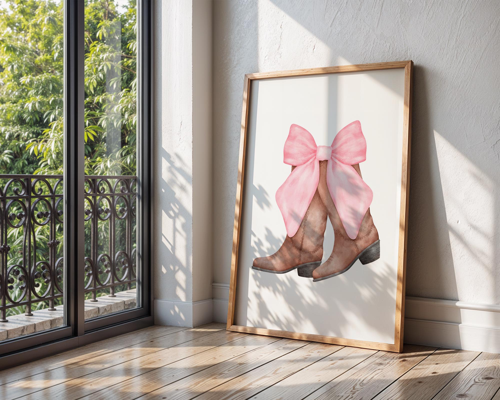 Watercolor Cowboy Boots Print | Pink Bow, Girly Western Decor wall art print, modern home decor, unframed artwork by Nomad & Nest