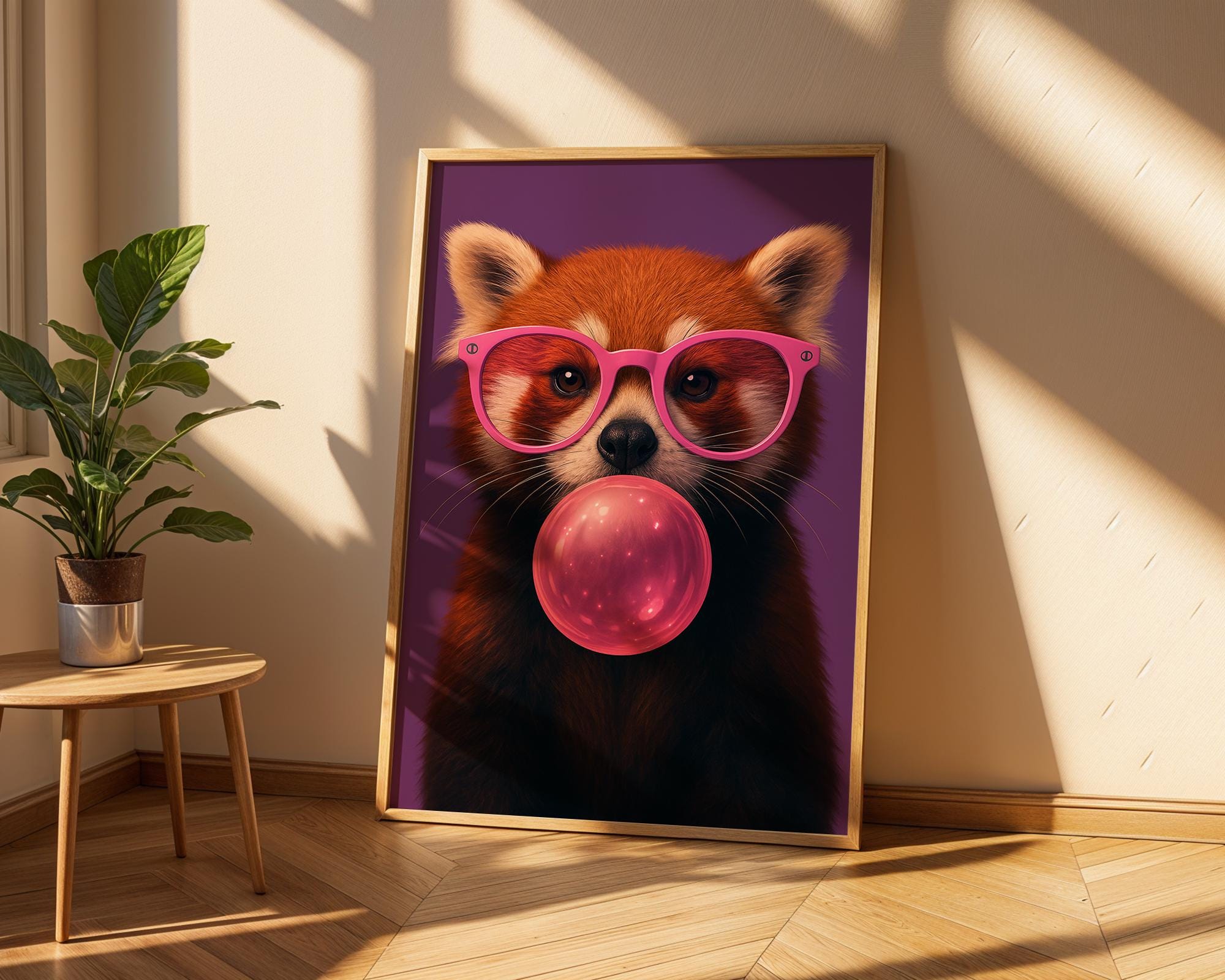 Colourful Prints | Red Panda Bubblegum Print | Funky Animal Wall Art wall art print, modern home decor, unframed artwork by Nomad & Nest
