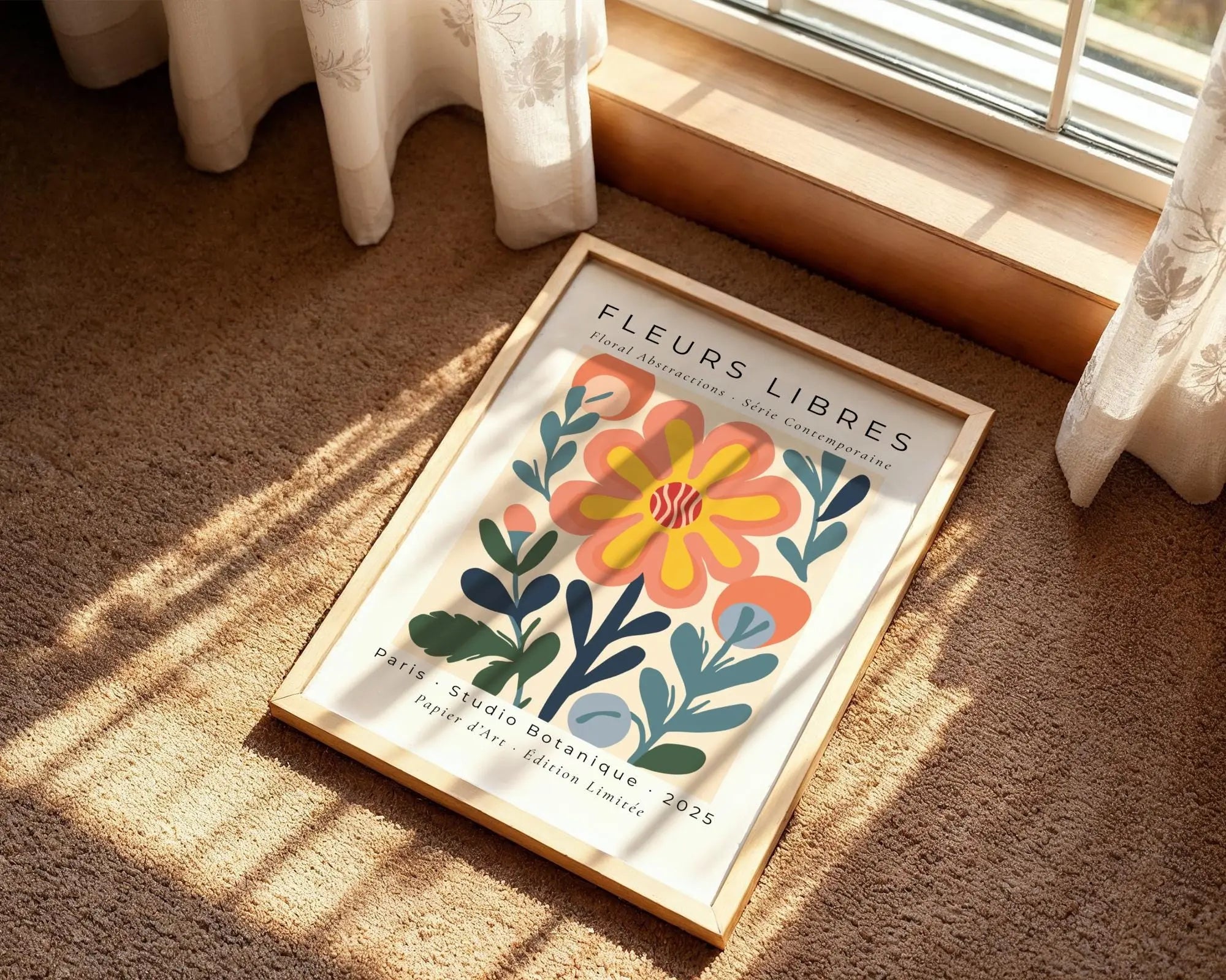 Yellow Flower Print | Abstract Botanical Art, Peach Coral Accents wall art print, modern home decor, unframed artwork by Nomad & Nest