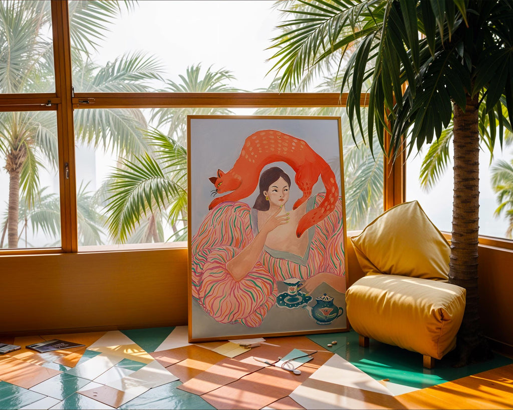 Whimsical Woman with Cat Art Print | Modern Maximalist Decor wall art print, modern home decor, unframed artwork by Nomad & Nest