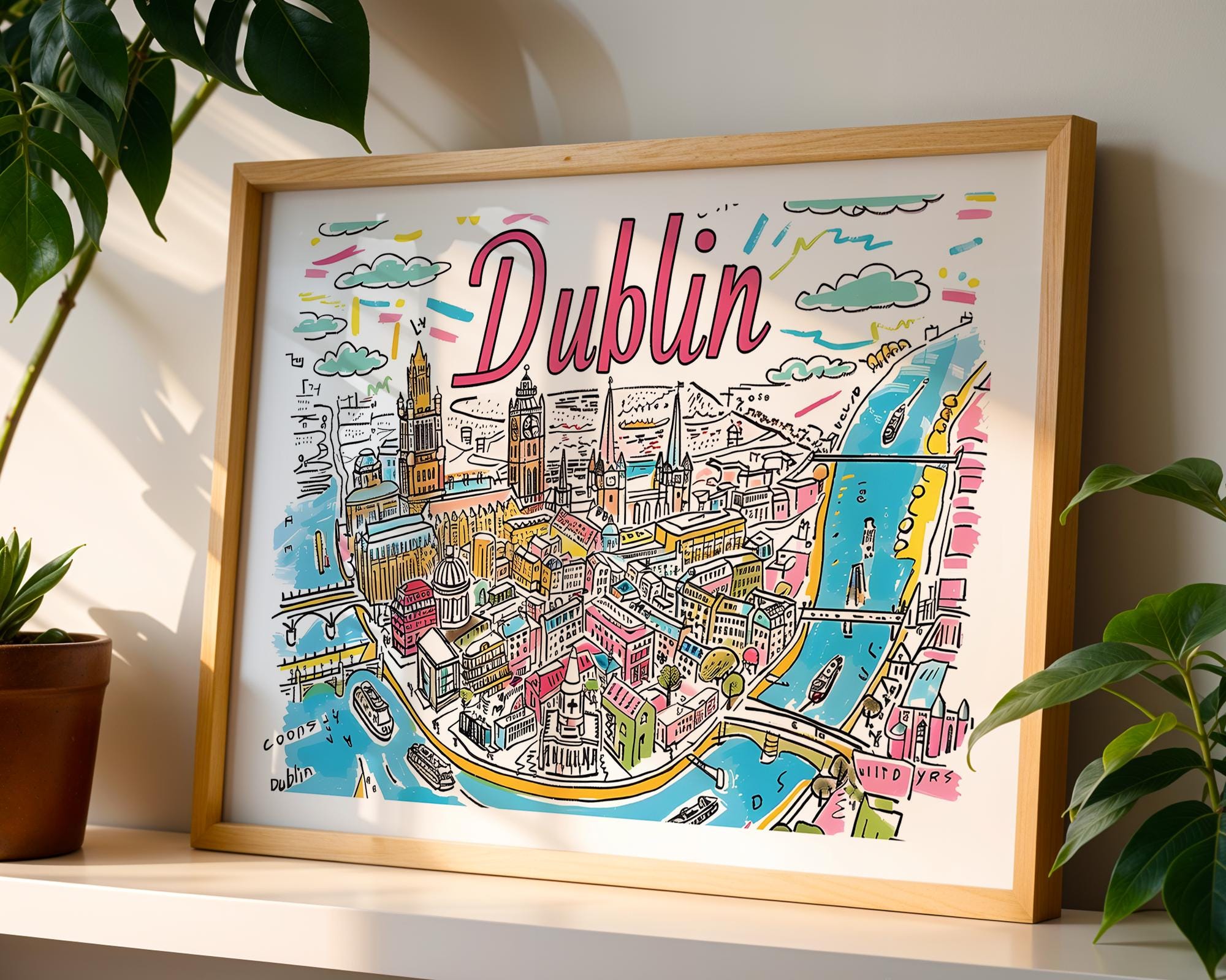 Dublin Ireland Cityscape Print | Colorful European Travel Poster wall art print, modern home decor, unframed artwork by Nomad & Nest