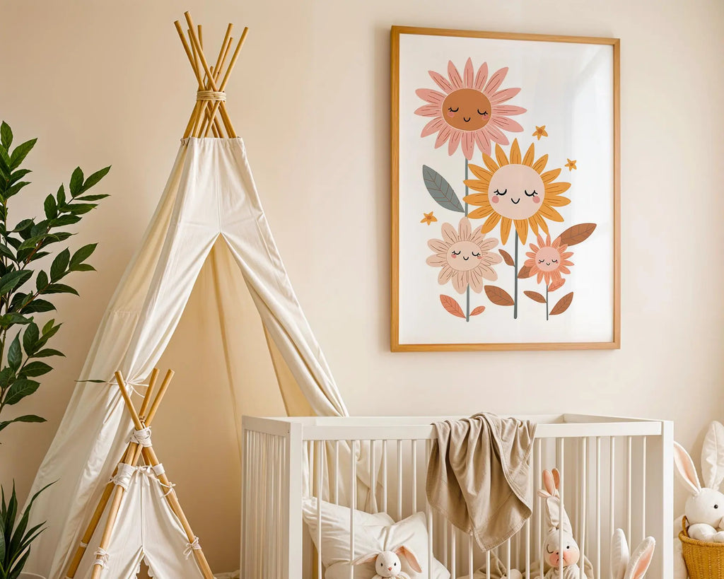 Playroom Ideas | Smiling Sunflower Nursery Art | Boho Floral Baby Print wall art print, modern home decor, unframed artwork by Nomad & Nest