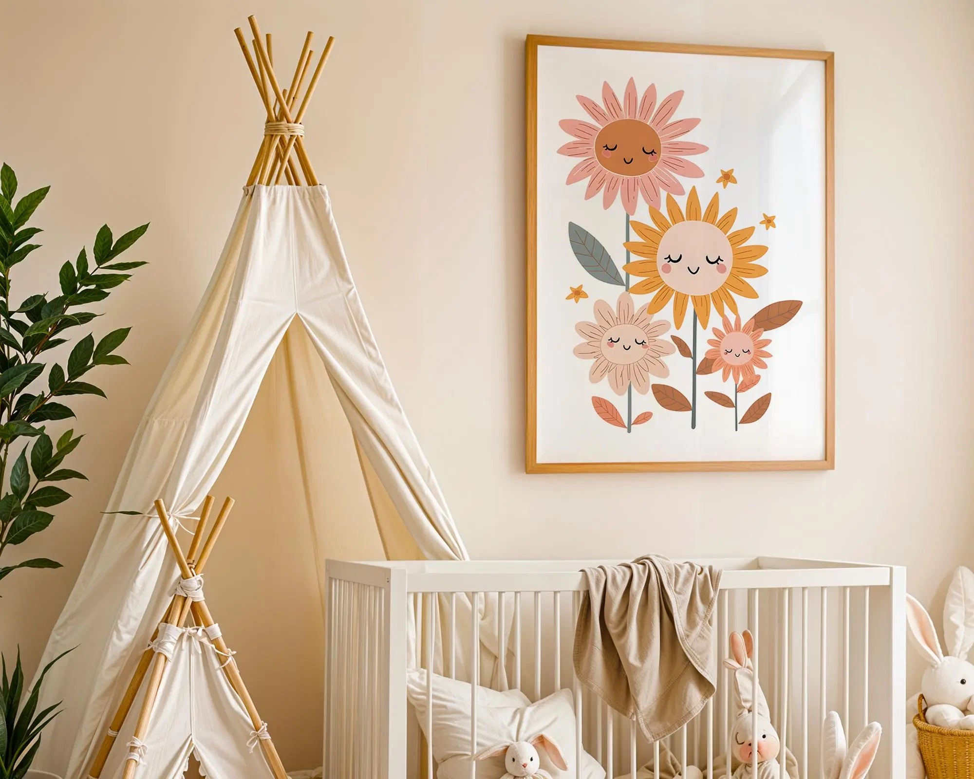 Playroom Ideas | Smiling Sunflower Nursery Art | Boho Floral Baby Print wall art print, modern home decor, unframed artwork by Nomad & Nest