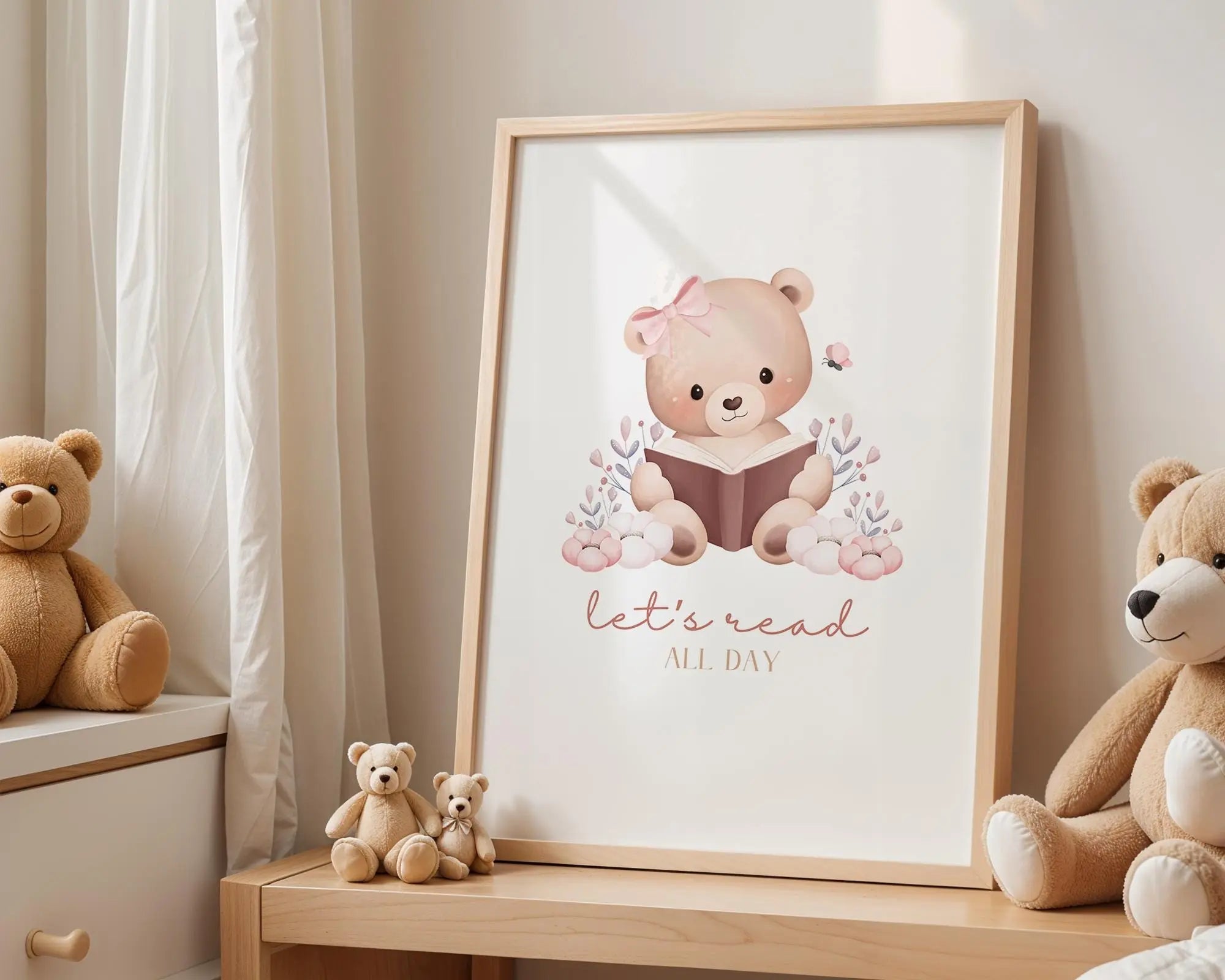Playroom Ideas | Reading Bear Nursery Wall Art | Storybook Floral Baby Print wall art print, modern home decor, unframed artwork by Nomad & Nest