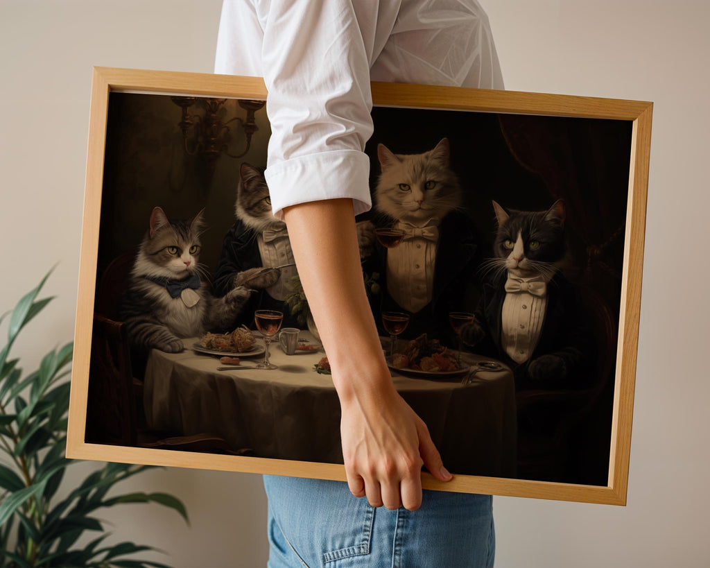 Tuxedo Cats Dinner Party Print | Whimsical Anthropomorphic Animal Art wall art print, modern home decor, unframed artwork by Nomad & Nest