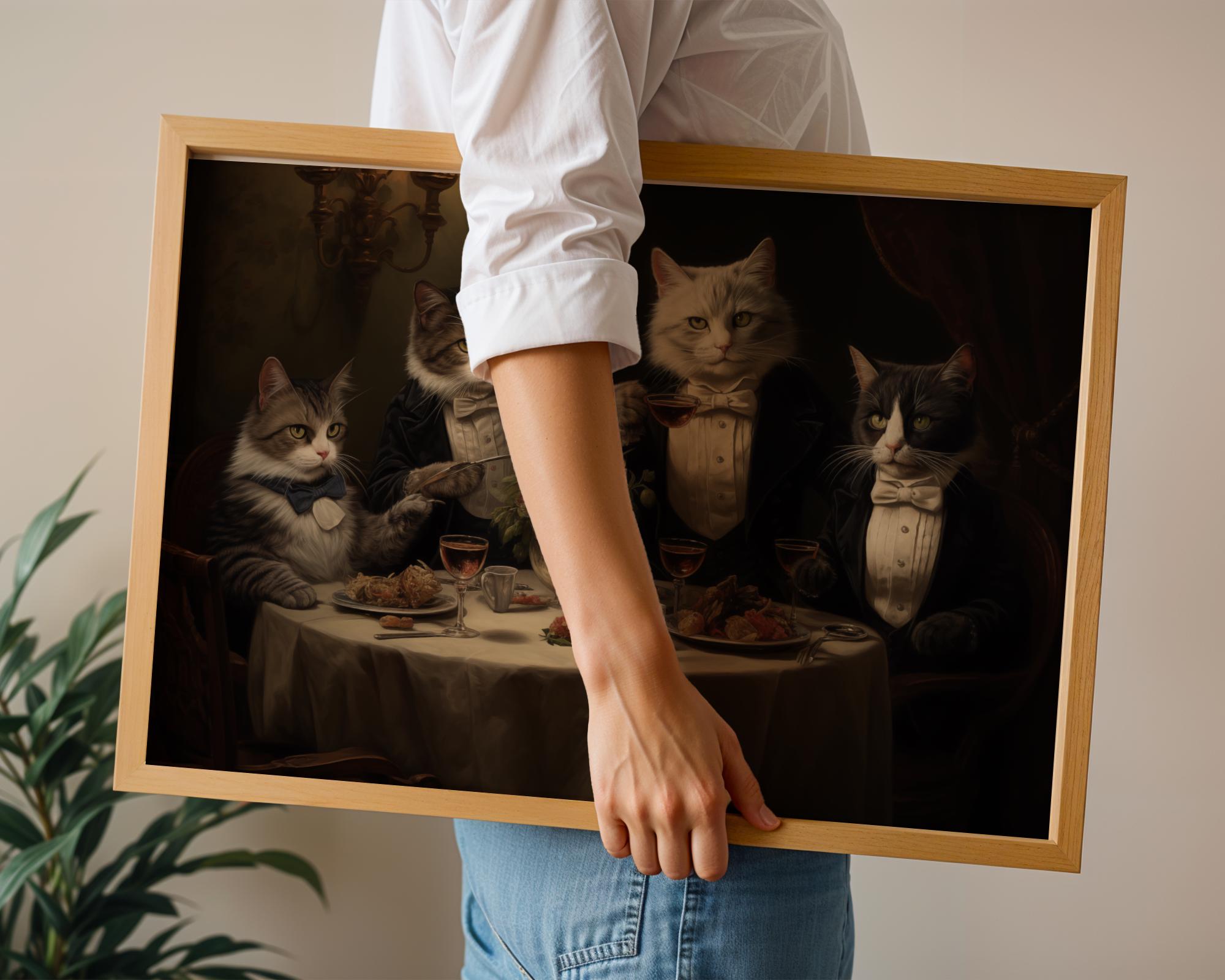 Tuxedo Cats Dinner Party Print | Whimsical Anthropomorphic Animal Art wall art print, modern home decor, unframed artwork by Nomad & Nest