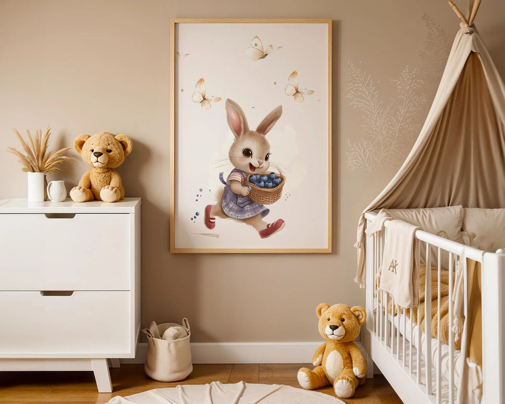 Playroom Ideas | Blueberry Bunny Nursery Wall Art | Woodland Animal Print wall art print, modern home decor, unframed artwork by Nomad & Nest