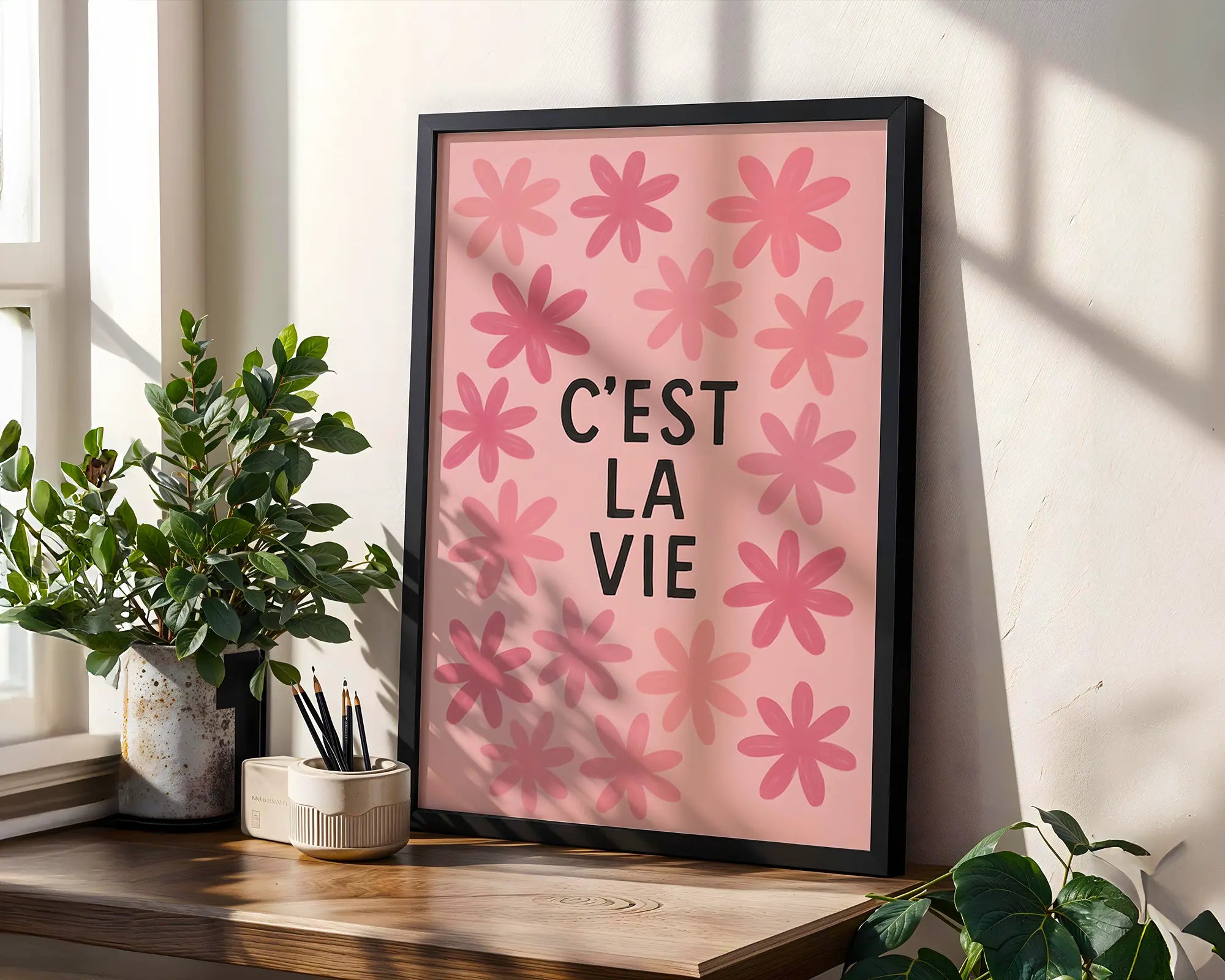 Positive Emotion | C‘est La Vie Wall Art | French Quote Floral Print | Soft Pink Modern Decor | Chic Typography Poster wall art print, modern home decor, unframed artwork by Nomad & Nest