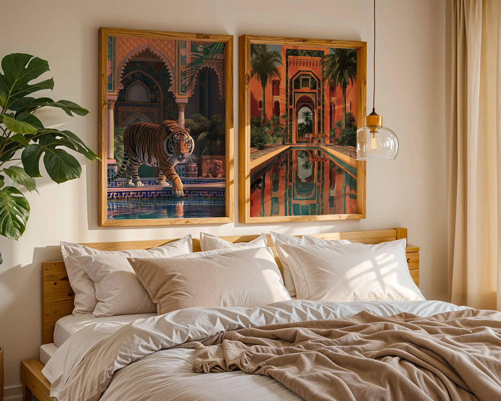 Colourful Prints | Moroccan Tiger Pool Art Prints | Exotic Jungle Wall Decor (Set of 2) wall art print, modern home decor, unframed artwork by Nomad & Nest