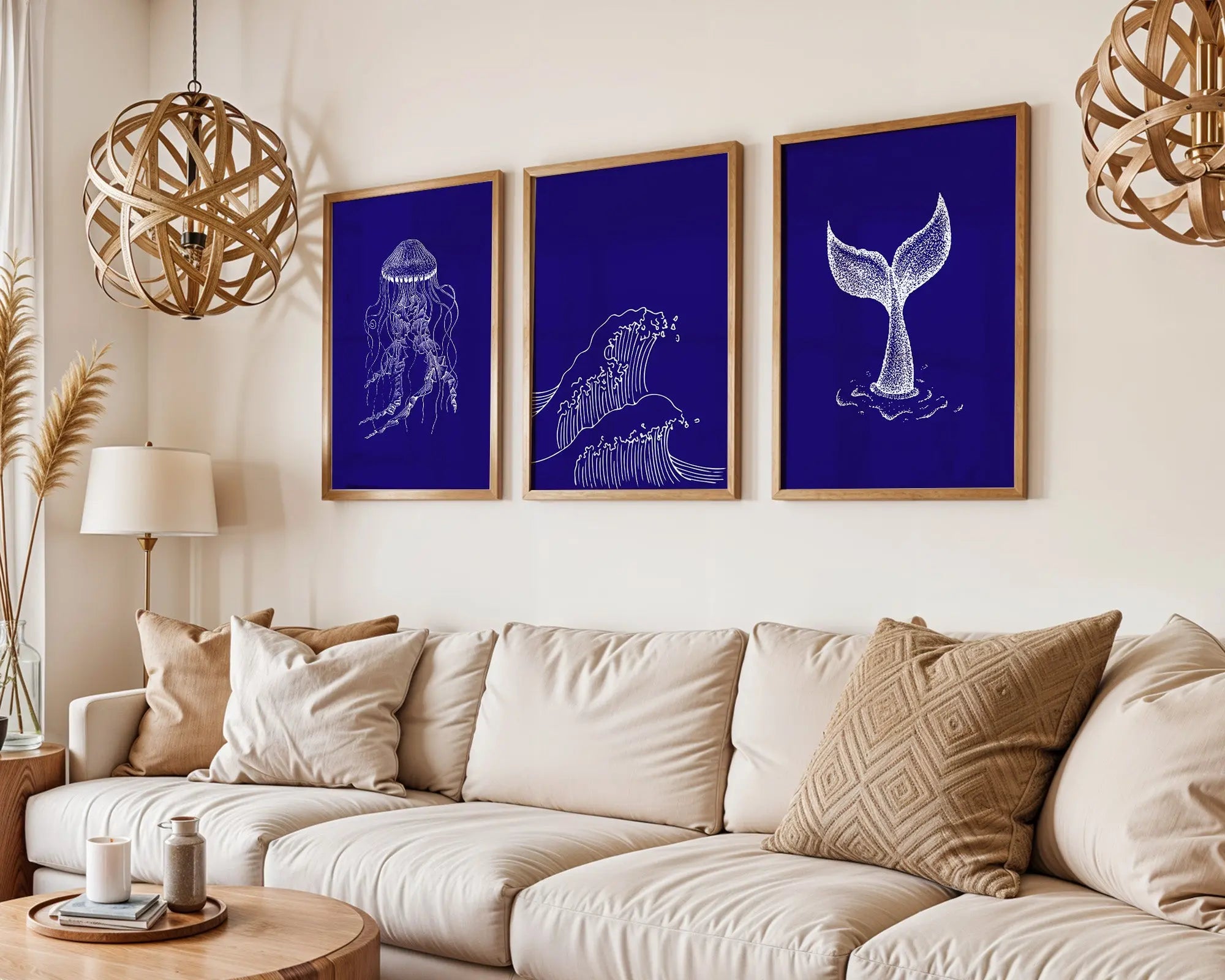 Colourful Prints | Navy Coastal Line Art Print Set | Jellyfish, Whale Tail, Wave (Set of 3) wall art print, modern home decor, unframed artwork by Nomad & Nest
