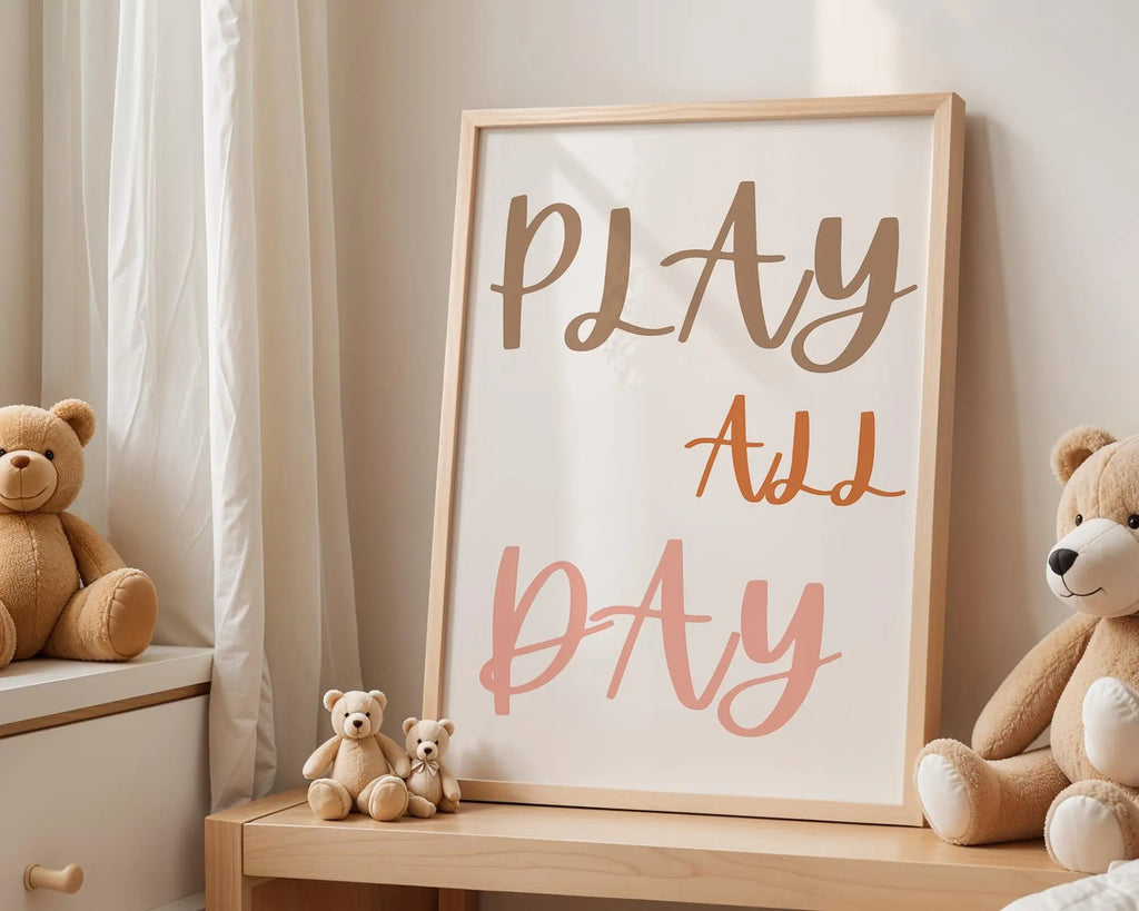 Playroom Ideas | Play All Day Nursery Wall Art | Neutral Typography Kids Print wall art print, modern home decor, unframed artwork by Nomad & Nest