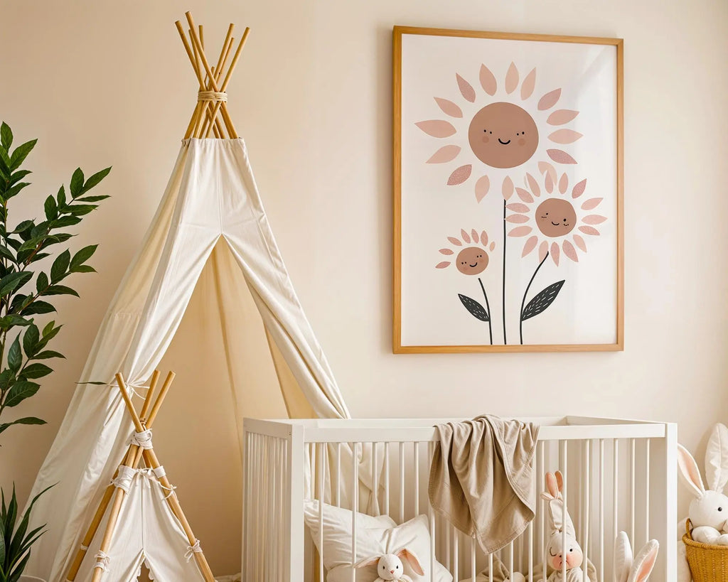 Playroom Ideas | Smiling Sunflower Nursery Wall Art | Boho Floral Print wall art print, modern home decor, unframed artwork by Nomad & Nest