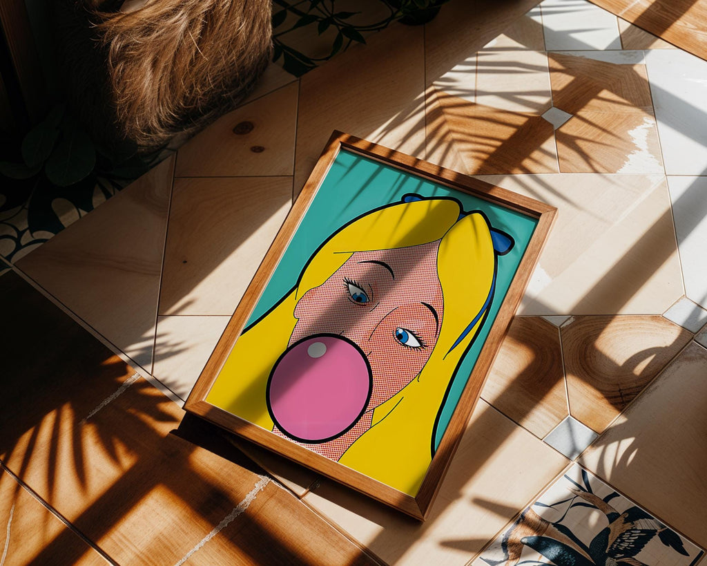 Modern Pop Art | Blonde Girl Bubblegum Print | Retro Comic Book Style Poster wall art print, modern home decor, unframed artwork by Nomad & Nest