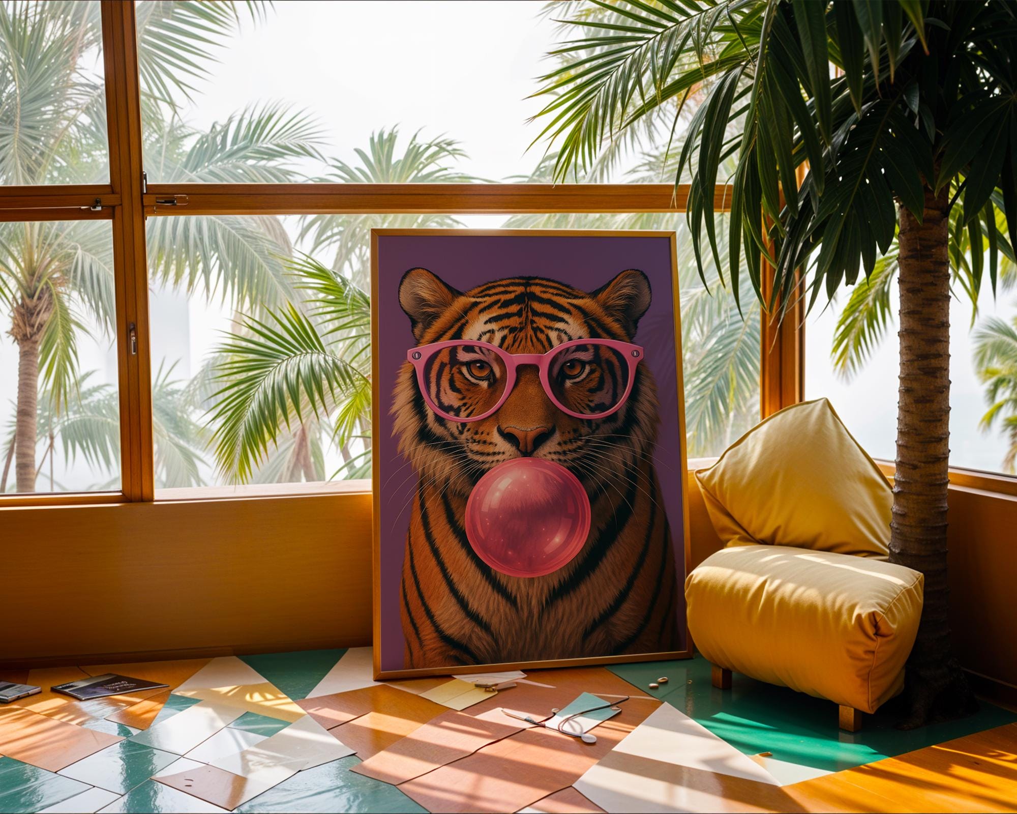 Colourful Prints | Bubblegum Tiger Print | Funky Animal Art with Pink Glasses wall art print, modern home decor, unframed artwork by Nomad & Nest