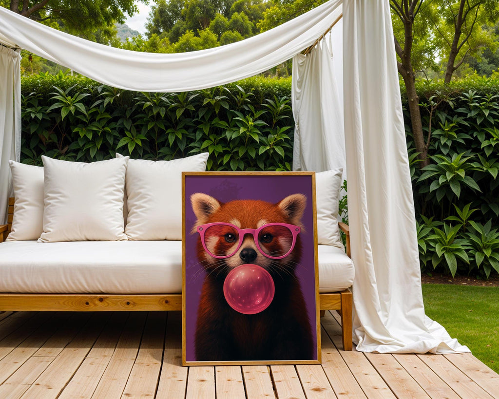 Colourful Prints | Red Panda Bubblegum Print | Funky Animal Wall Art wall art print, modern home decor, unframed artwork by Nomad & Nest