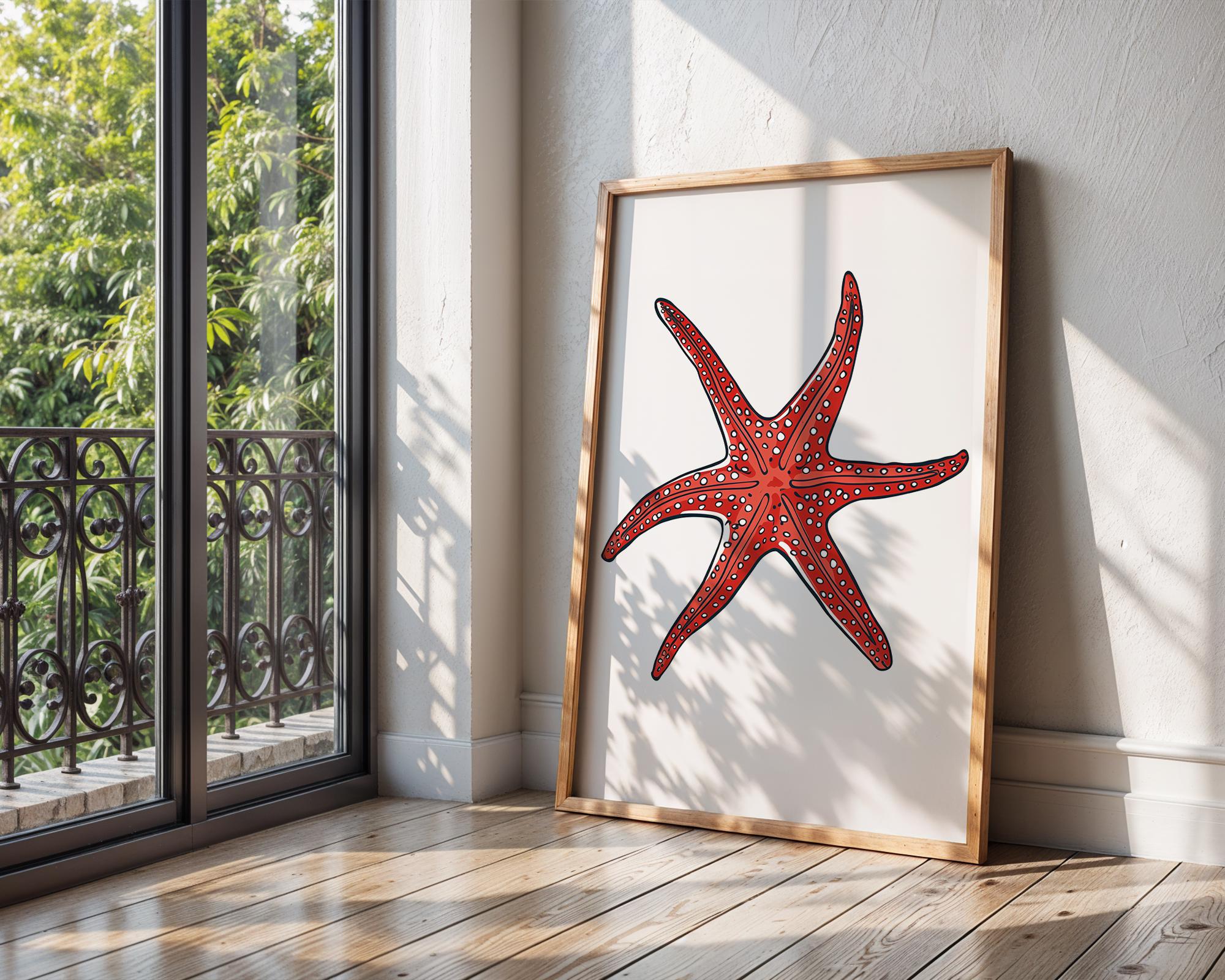 Bright Red Starfish Print, Coastal Sea Life Poster wall art print, modern home decor, unframed artwork by Nomad & Nest