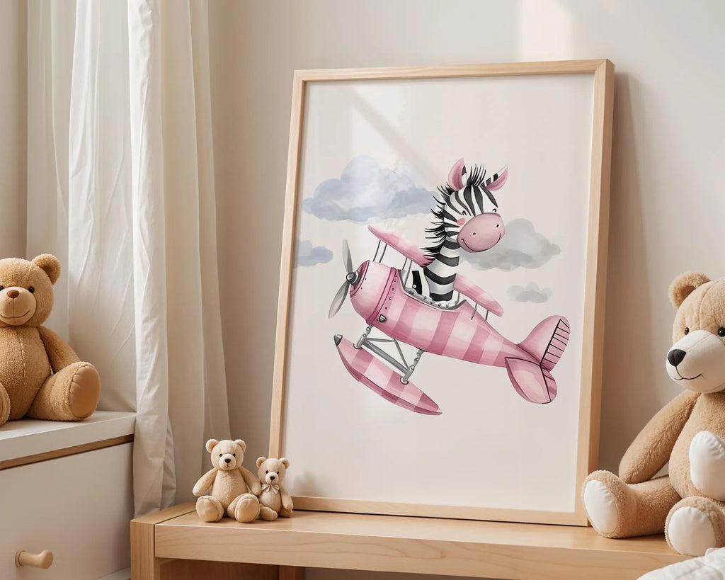 Playroom Ideas | Zebra Airplane Nursery Print | Adventure Animal Wall Art wall art print, modern home decor, unframed artwork by Nomad & Nest