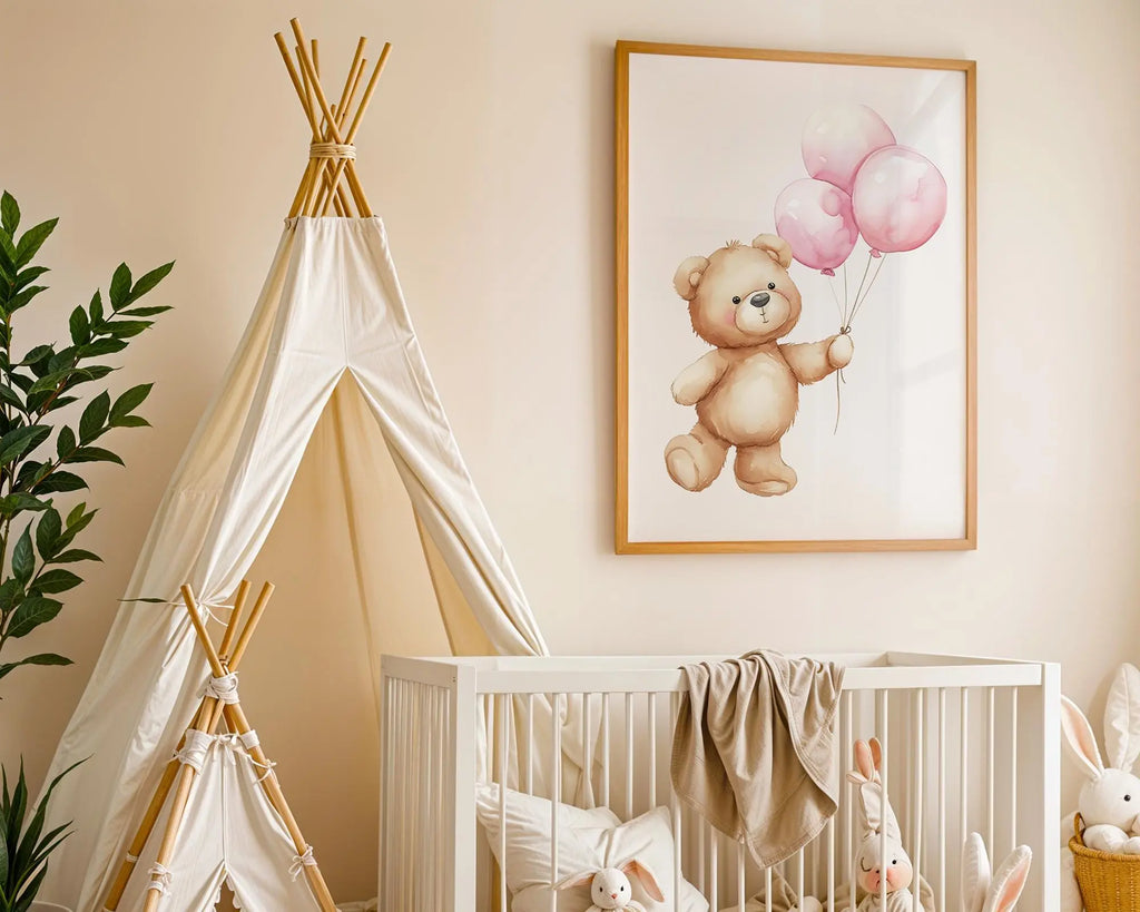 Playroom Ideas | Teddy Balloon Nursery Print | Soft Pink Baby Wall Art wall art print, modern home decor, unframed artwork by Nomad & Nest