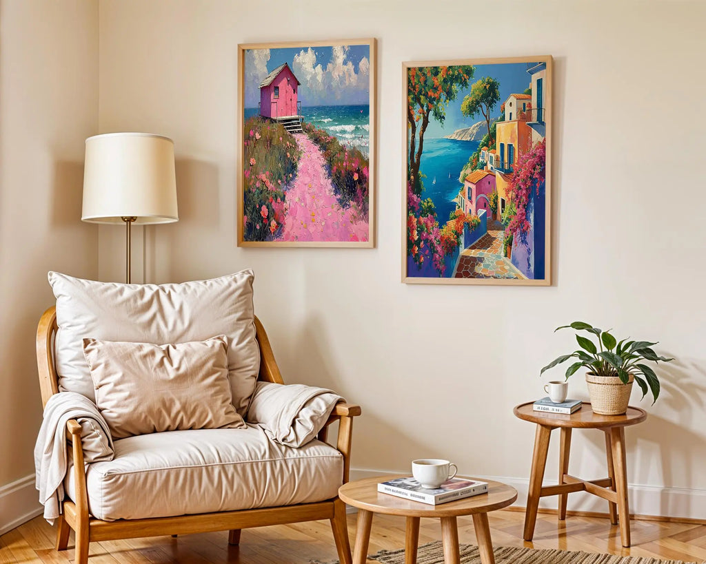 Colourful Prints | Coastal Art Print • Pink Beach House & Mediterranean Village wall art print, modern home decor, unframed artwork by Nomad & Nest