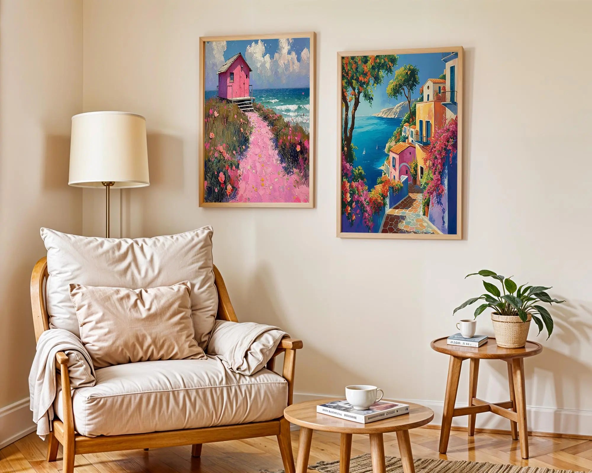 Colourful Prints | Coastal Art Print • Pink Beach House & Mediterranean Village wall art print, modern home decor, unframed artwork by Nomad & Nest