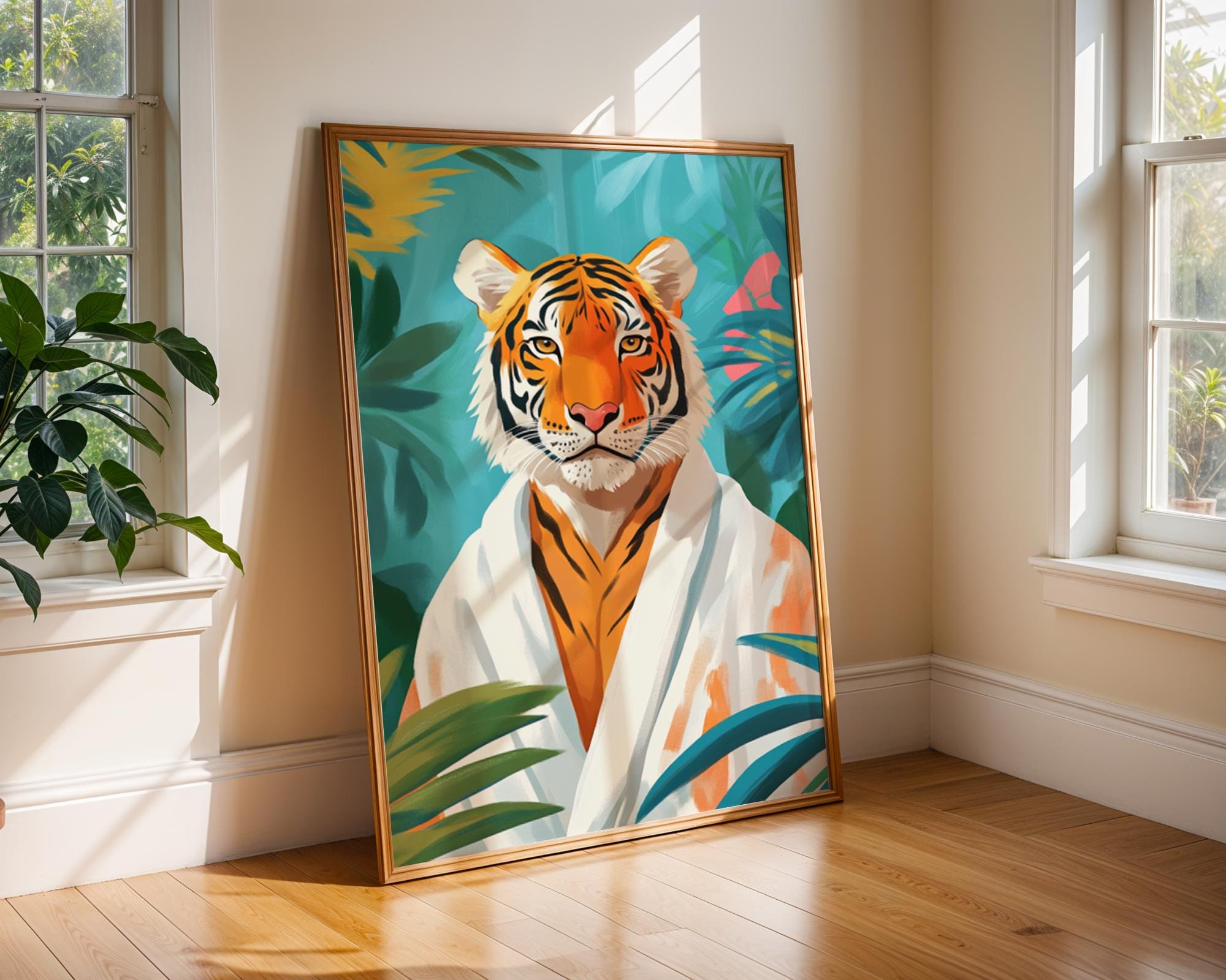 Tropical Tiger Print | Quirky Animal Robe Art wall art print, modern home decor, unframed artwork by Nomad & Nest