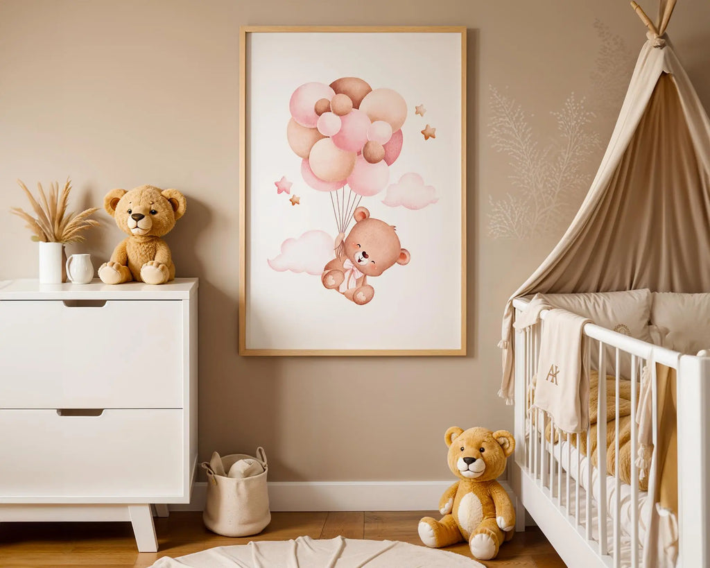 Playroom Ideas | Bear Balloons Nursery Wall Art | Soft Cloud Baby Illustration wall art print, modern home decor, unframed artwork by Nomad & Nest