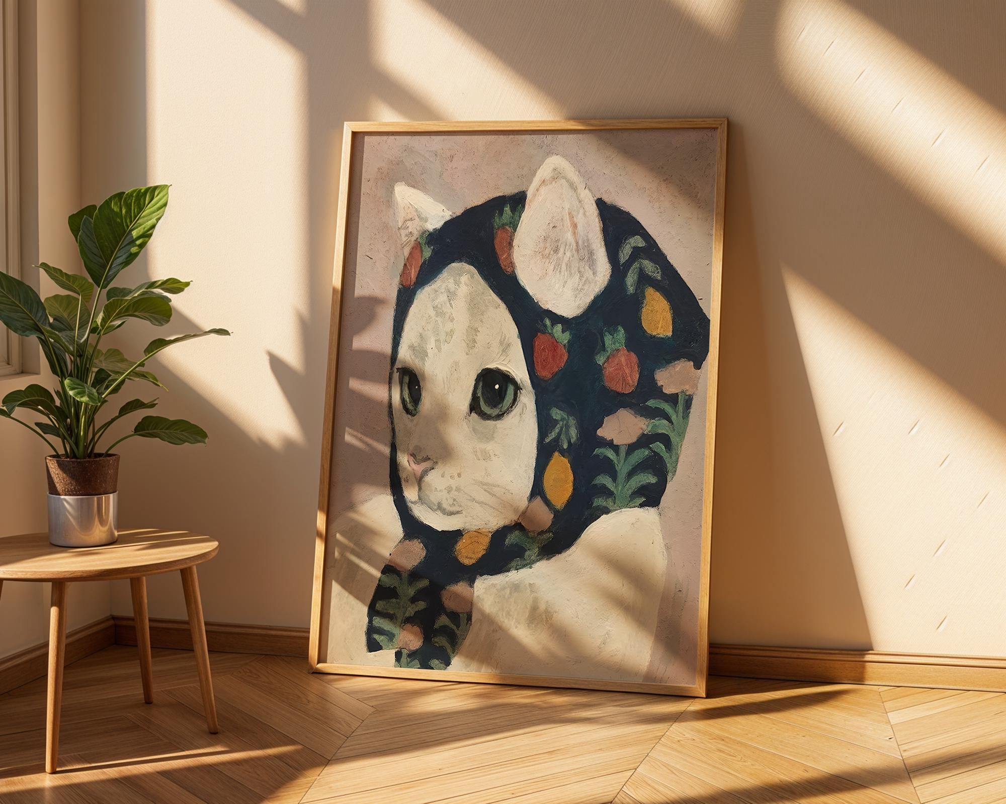 Whimsical Cat Art Print | Cat in Scarf Folk Art Poster wall art print, modern home decor, unframed artwork by Nomad & Nest