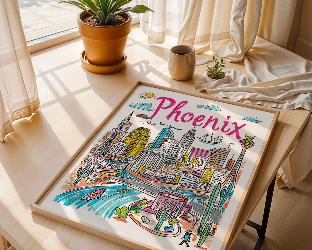 Phoenix Arizona Travel Poster | Colorful Cityscape Art Print wall art print, modern home decor, unframed artwork by Nomad & Nest