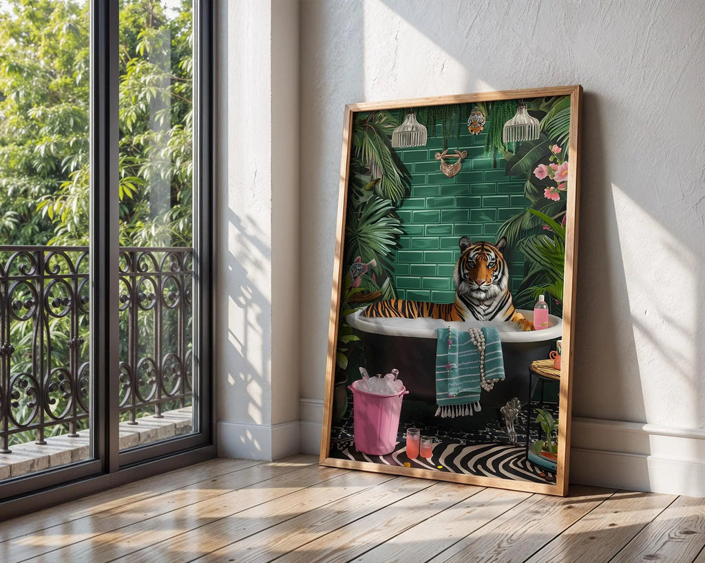 Colourful Prints | Tiger in Bathtub Art Print | Jungle Bathroom Poster wall art print, modern home decor, unframed artwork by Nomad & Nest