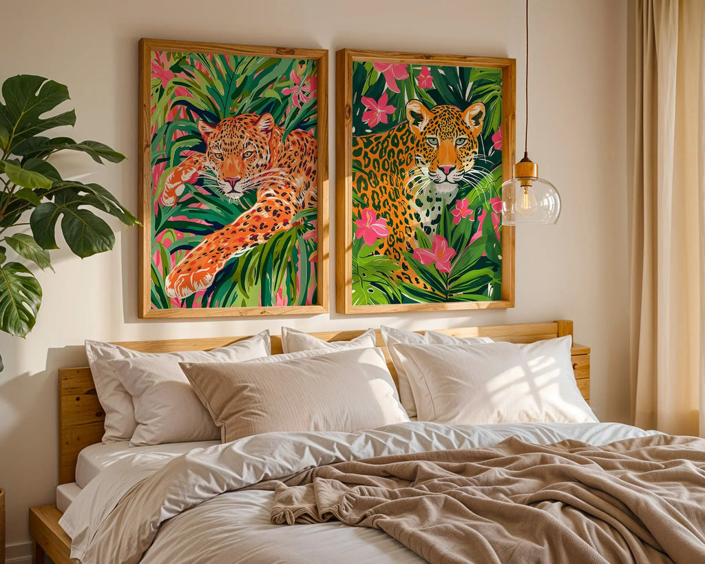 Colourful Prints | Leopard Print Set | Bright Jungle Safari Art (Set of 2) wall art print, modern home decor, unframed artwork by Nomad & Nest